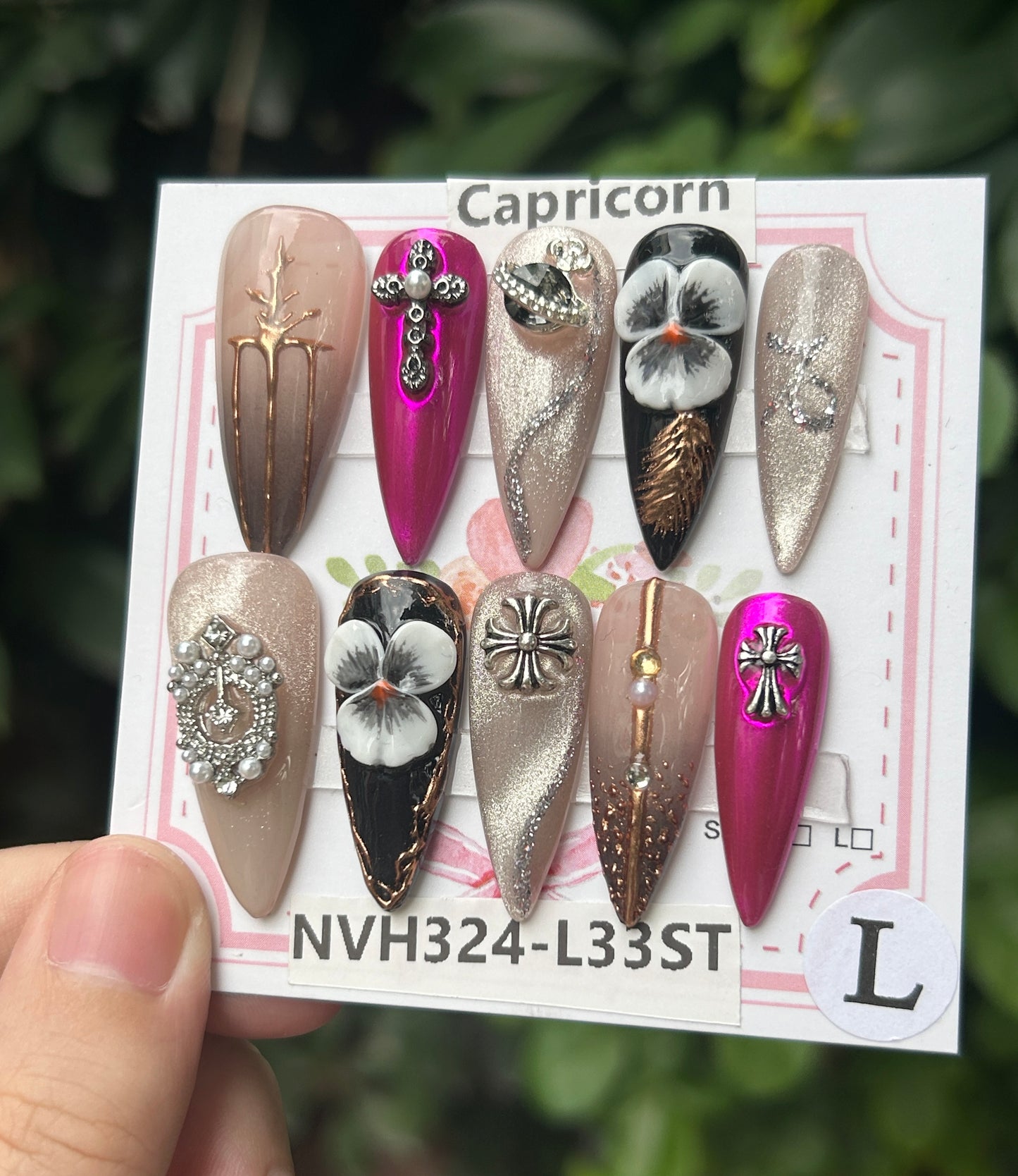 Promakenails 3D Floral Zodiac Sign Collection - Handmade Press On Nails 10PCS Reuseable Nails wtih Nail tools