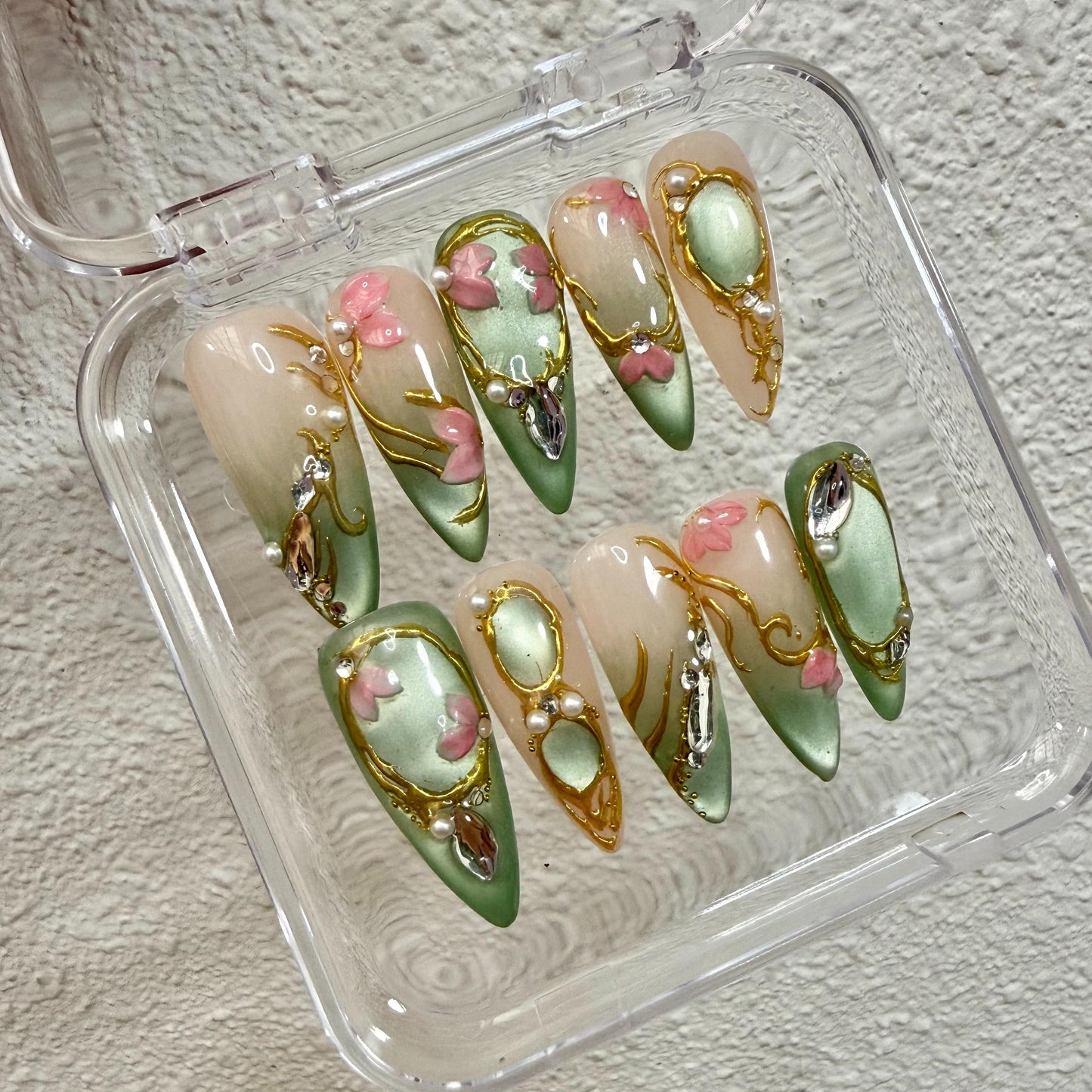 Promake Luxury 100% Handmade Press-On Nails, Elegant Spring Design with a Glossy Finish, Easy to Apply Long Nail Art Set, Ready to Gift
