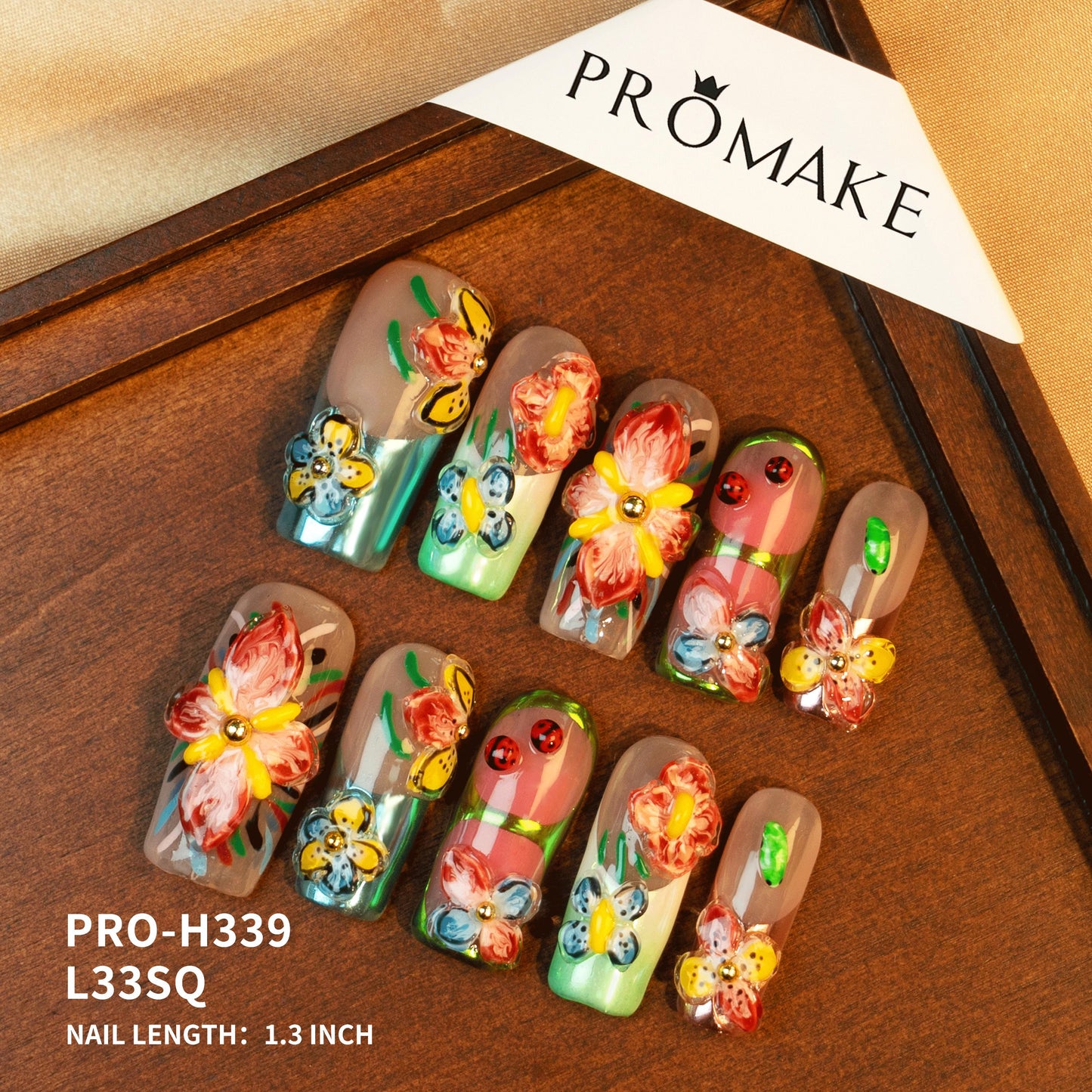 Promake Symphony Collection – Luxury Handmade 3D Floral Butterfly Press-On Nails | Artistic Reusable False Nails Set with Crystals & Gems | 10 PCS with Glue | Elegant DIY Nail Art Gift – Sizes XS–XL