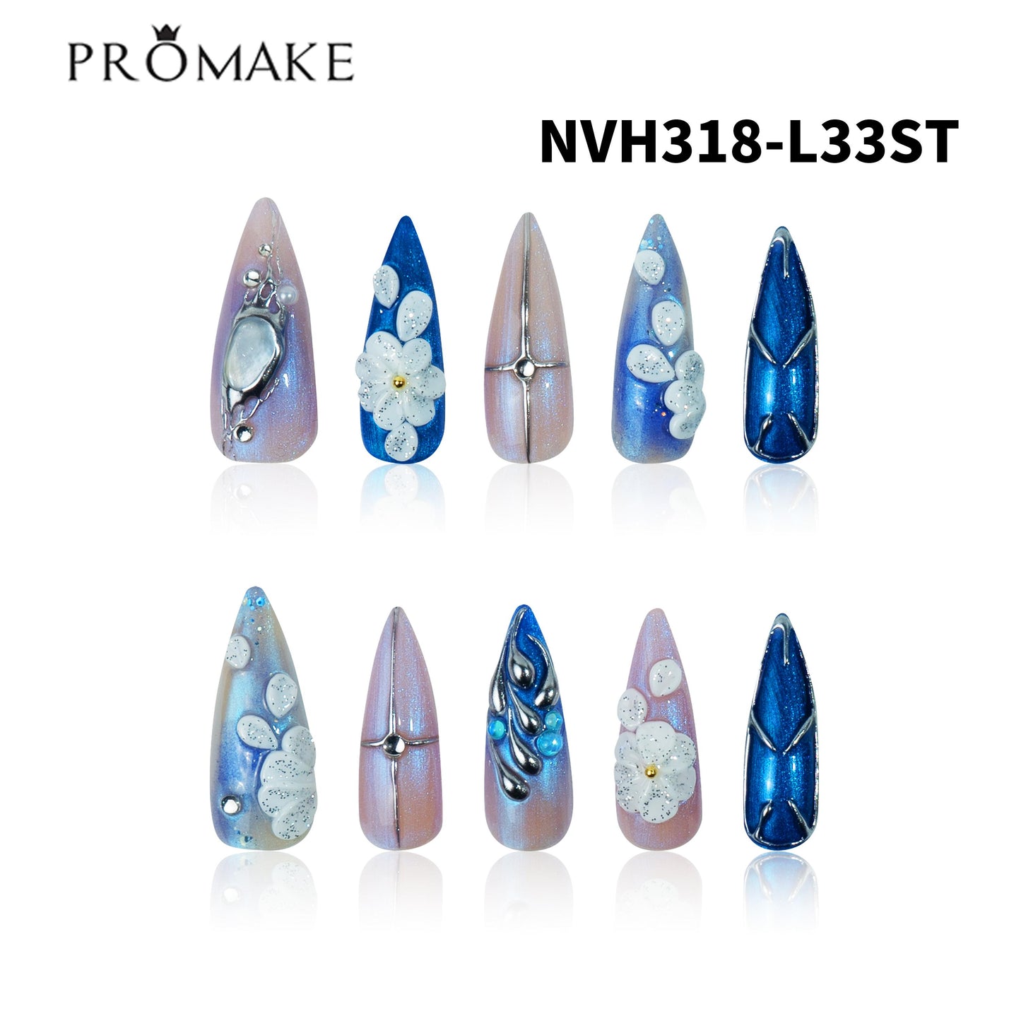 Promake Luxury Handmade Pressed On Decorative Fake Nails Extensions - 1.3 inches Rhinestone Nail Art, 33mm Super Long Length, S-L Sizes, Single Item