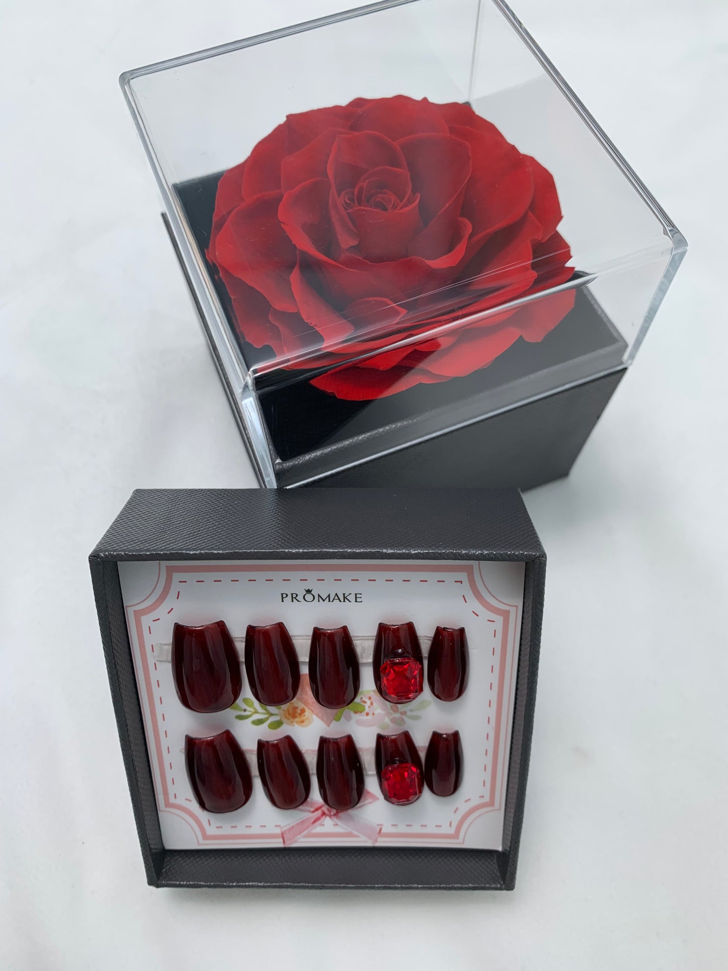 Promake® Luxury Handmade Press On Nails with Roses Preserved Flower Gift Box