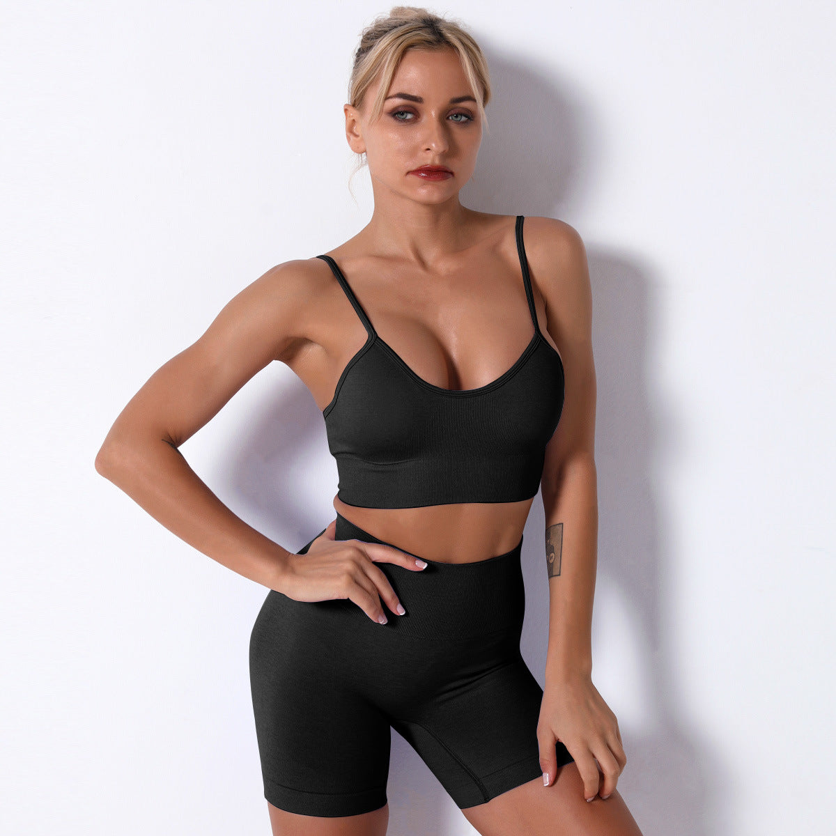 Promakepro Cross-Border New Arrival Seamless Knitted Quick-Drying Yoga Clothes Women's High Waist Hip Lift Tight Sports Yoga Pants Four-Piece Set in Stock