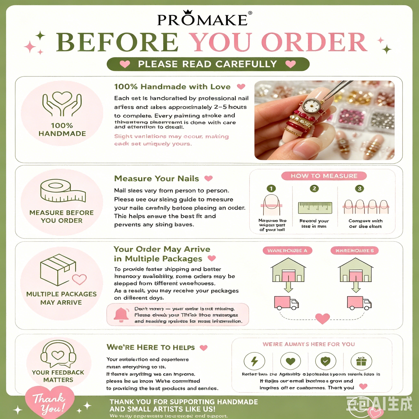 Promake New Trends- New Design- 100% Hand Made Nails- Press On Nails- Luxurious Nails- 10 PCS with Glue, Perfect for DIY Nail Art and Gifts-size -XS-XL