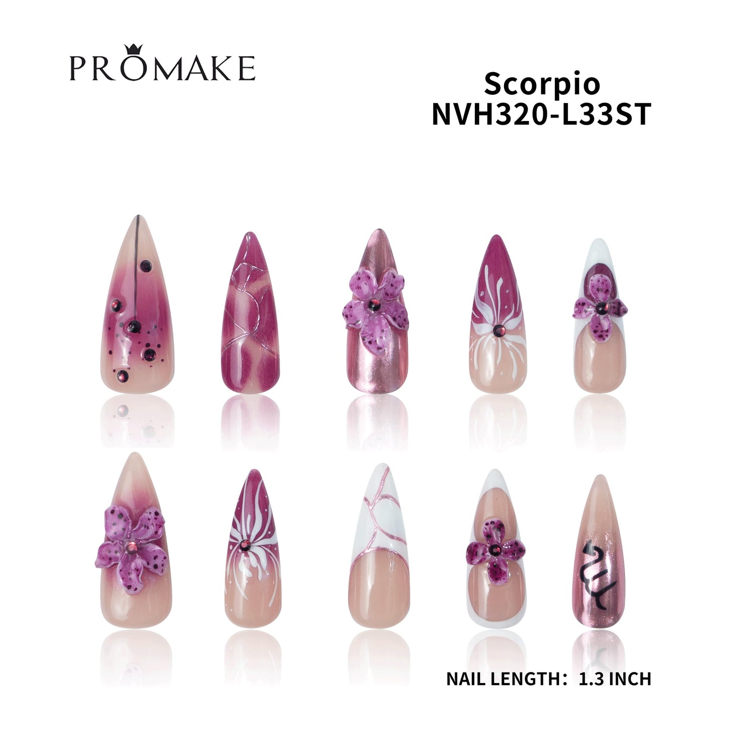 Promake Luxury Handmade Pressed On Decorative Fake Nails Extensions - 1.3 inches Rhinestone Nail Art, 33mm Super Long Length, S-L Sizes, Single Item