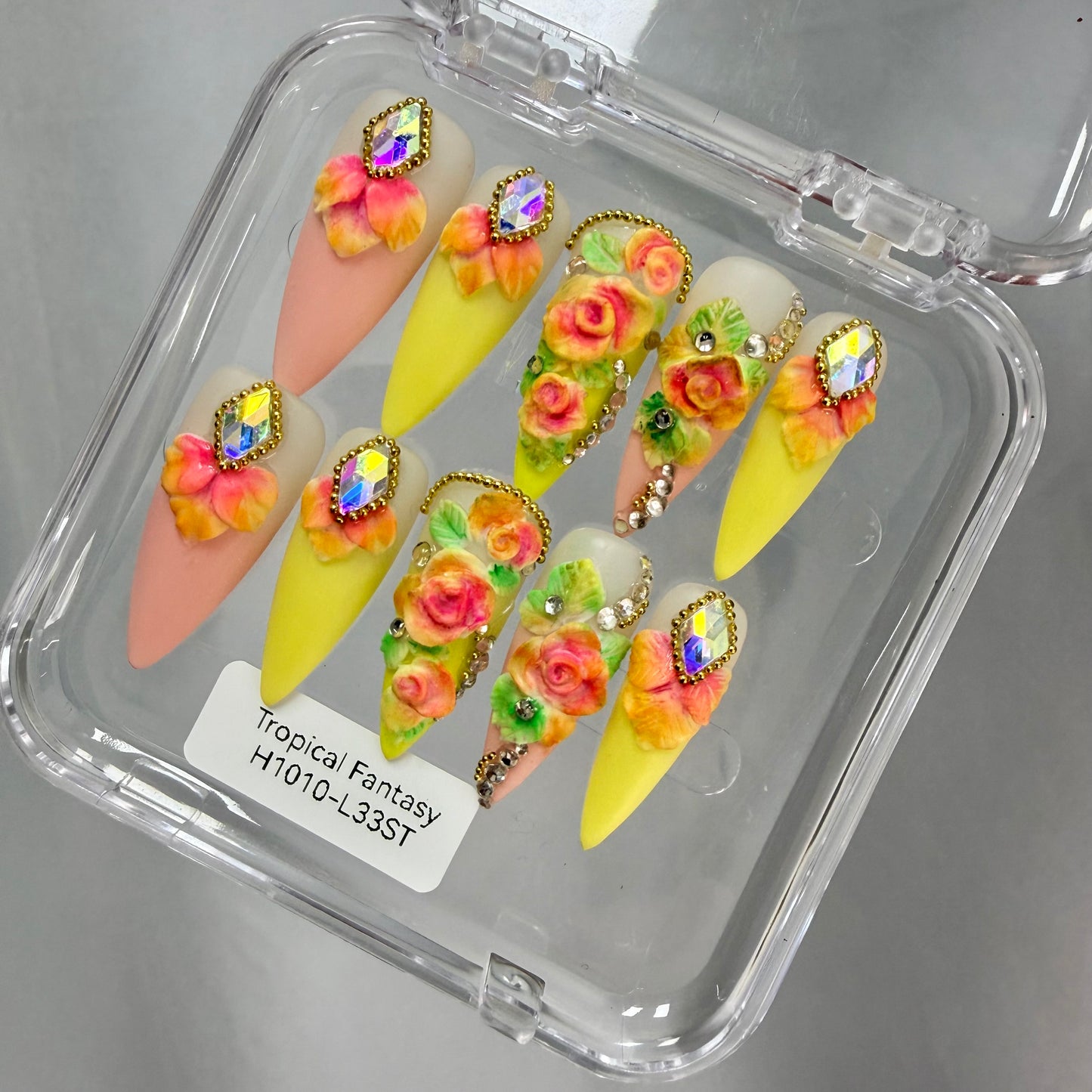 Promake Luxury Handmade Press On Nails Pink Yellow 3D Flowers Nails