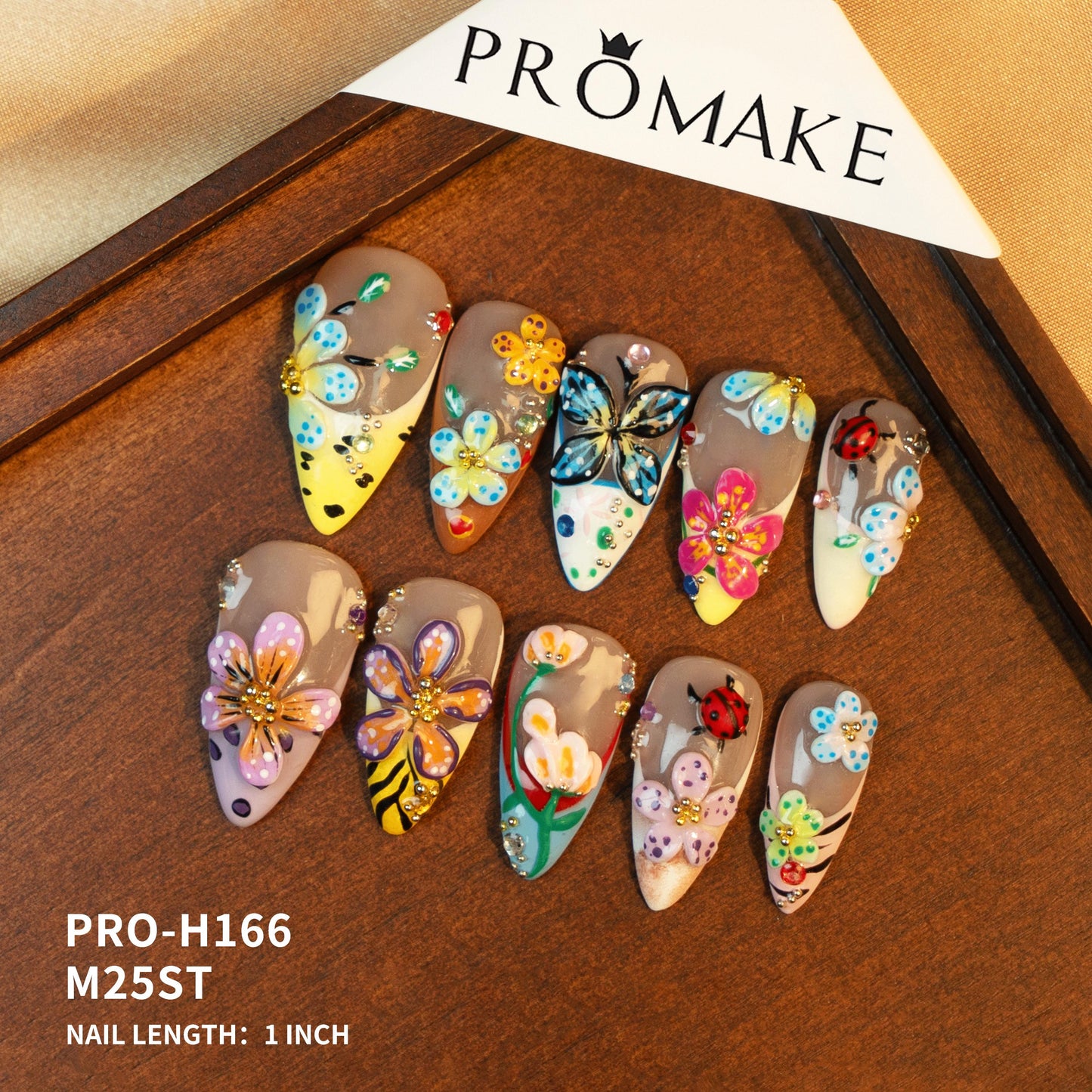 Promake Symphony Collection – Luxury Handmade 3D Floral Butterfly Press-On Nails | Artistic Reusable False Nails Set with Crystals & Gems | 10 PCS with Glue | Elegant DIY Nail Art Gift – Sizes XS–XL