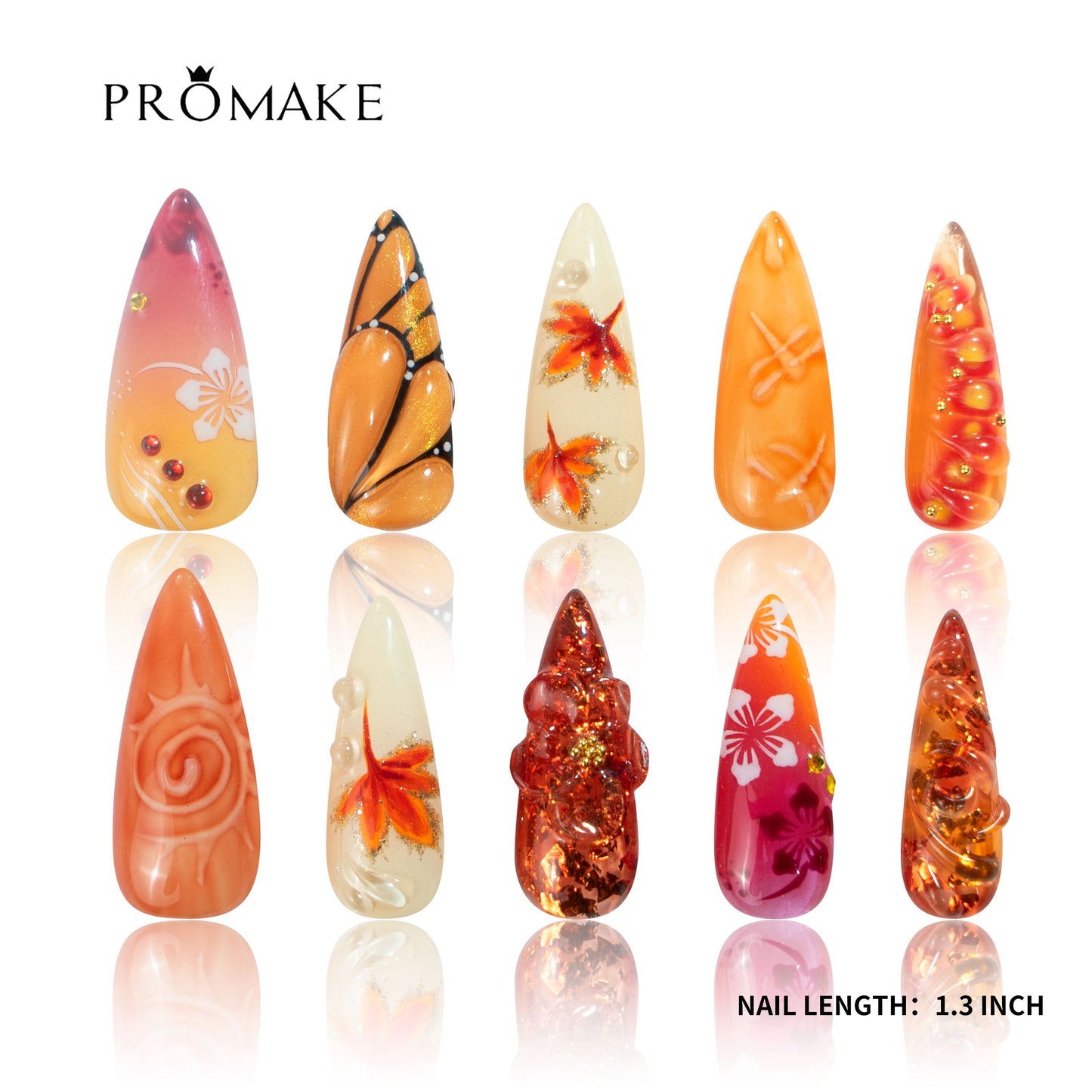 PROMAKE Custom Nails | Sunset Paradise H90010 | Luxury Handmade Press-On Nails, Tropical Orange And Pink Ombre Almond Nails With Butterfly Wings, Floral Art And 3D Amber Embellishments，Reusable Nail Kit With Tools, Sizes XS–XL