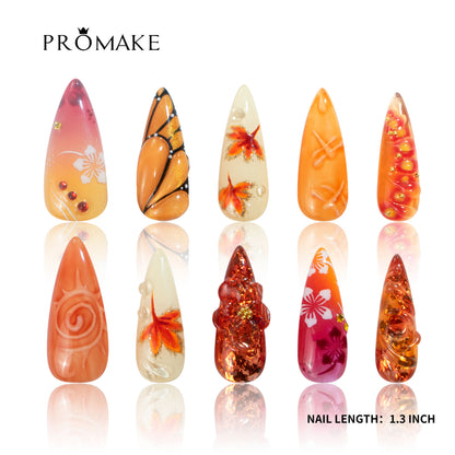 PROMAKE Custom Nails | Sunset Paradise H90010 | Luxury Handmade Press-On Nails, Tropical Orange And Pink Ombre Almond Nails With Butterfly Wings, Floral Art And 3D Amber Embellishments，Reusable Nail Kit With Tools, Sizes XS–XL