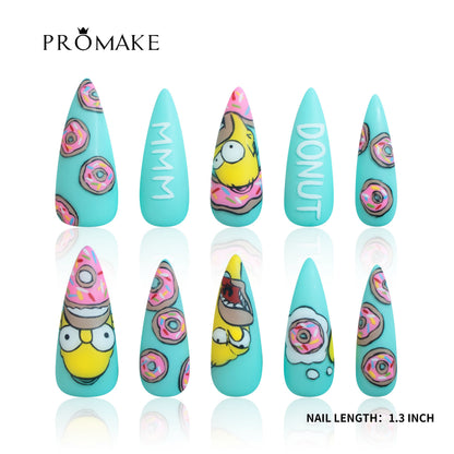 PROMAKE Custom Nails | Donut Worry, Be Happy H90011 | Luxury Handmade Press-On Nails, Turquoise Blue Stiletto Nails With Pink Frosted Donuts, Colorful Sprinkles And Playful Cartoon Art，Reusable Nail Kit With Tools, Sizes XS–XL