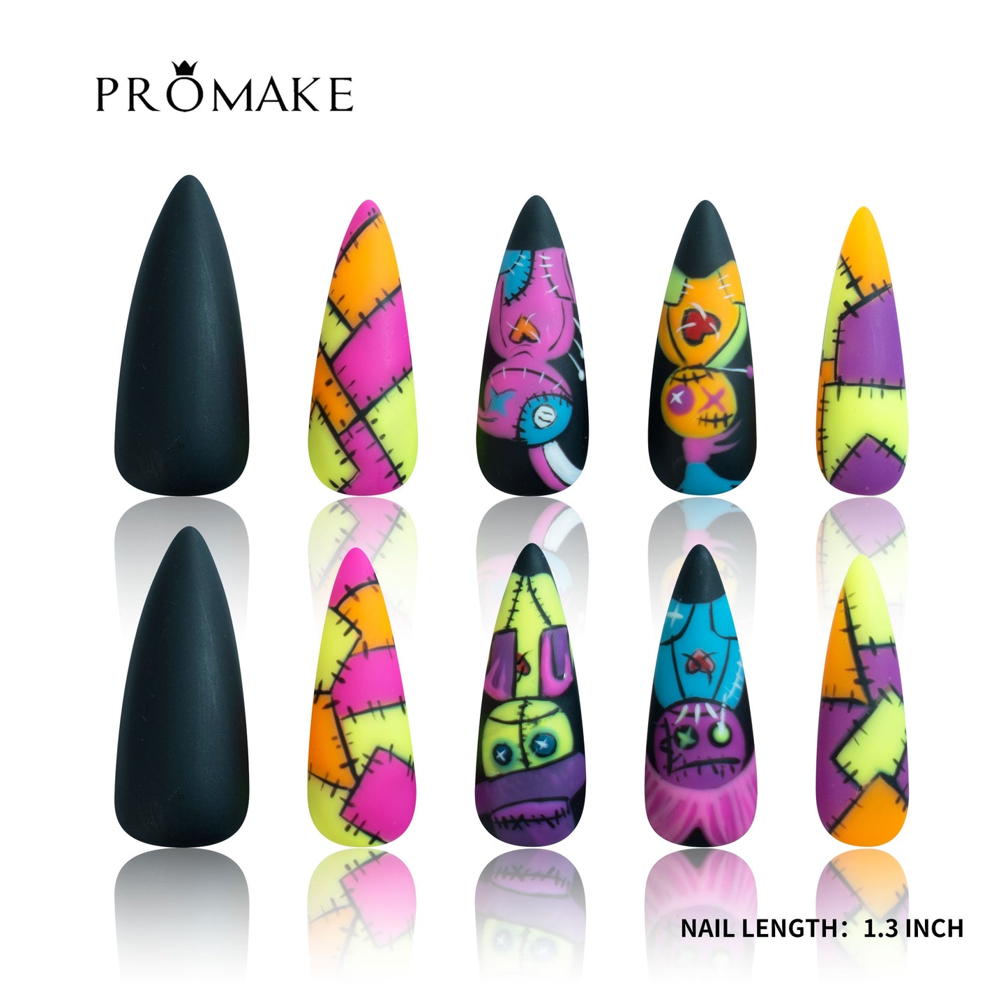 PROMAKE Custom Nails | Stitched Chaos H90012 | Luxury Handmade Press-On Nails, Matte Black Stiletto Nails With Neon Patchwork, Colorful Stitches And Spooky Doll Art，Reusable Nail Kit With Tools, Sizes XS–XL