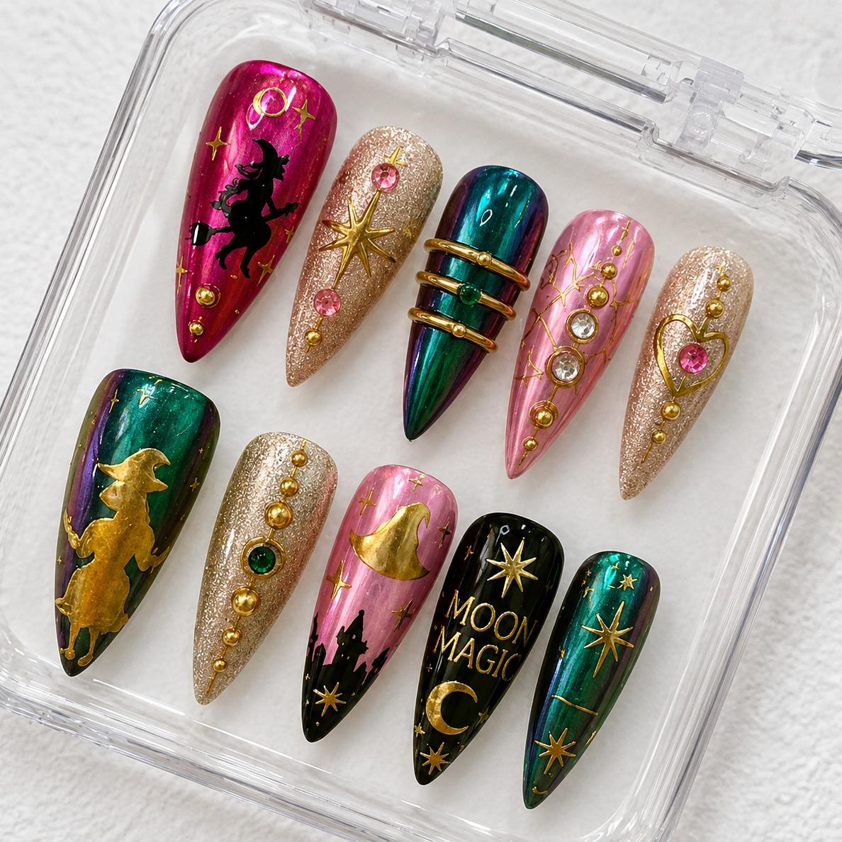 Promake Spooky Aesthetic Press On Nail Kit Set - Handmade Finish Decorative Nails, Reusable Secure Acrylic False Manicure with Tools, Various Sizes, Easy Wear Fashionable Gothic Styles for Women