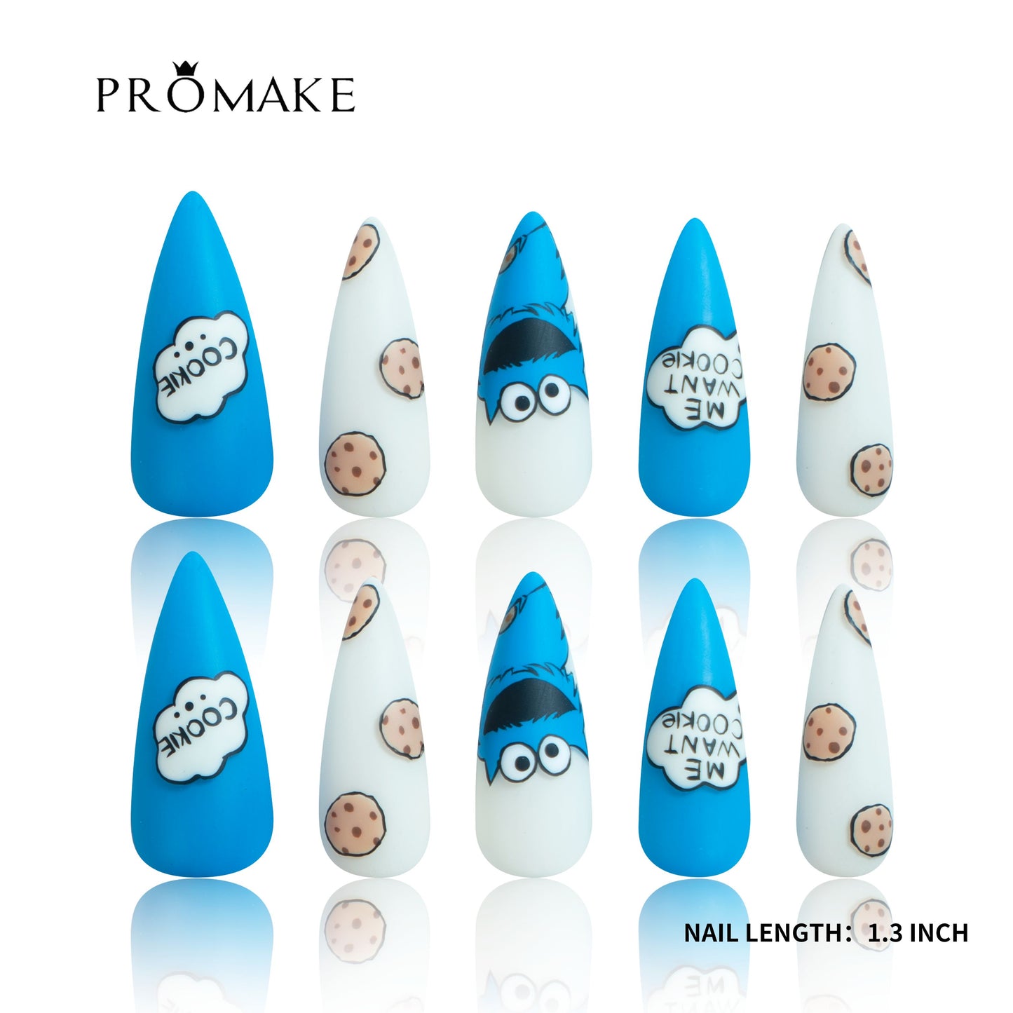 PROMAKE Custom Nails | Cookie Cravings H90013 | Luxury Handmade Press-On Nails, Sky Blue And White Stiletto Nails With Chocolate Chip Cookie Art And Playful Cartoon Designs，Reusable Nail Kit With Tools, Sizes XS–XL