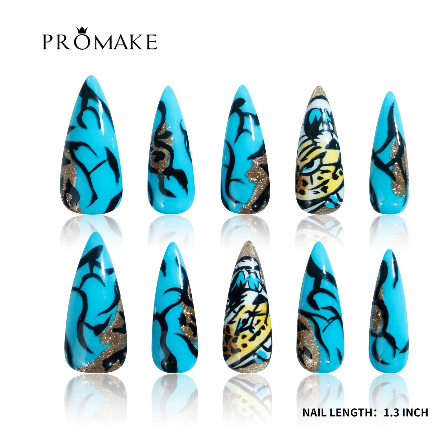 PROMAKE Custom Nails | Electric Graffiti H90014 | Luxury Handmade Press-On Nails, Turquoise Blue Stiletto Nails With Black Graffiti Art And Gold Glitter Accents，Reusable Nail Kit With Tools, Sizes XS–XL