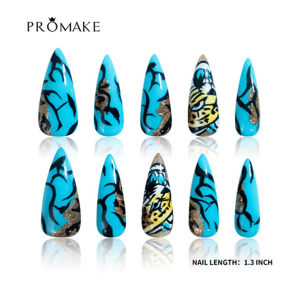 PROMAKE Custom Nails | Electric Graffiti H90014 | Luxury Handmade Press-On Nails, Turquoise Blue Stiletto Nails With Black Graffiti Art And Gold Glitter Accents，Reusable Nail Kit With Tools, Sizes XS–XL