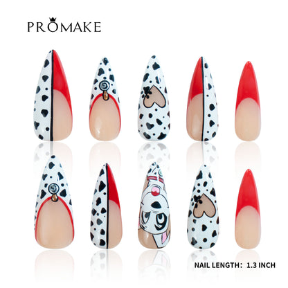 PROMAKE Custom Nails | Spotted Sweetheart H90016 | Luxury Handmade Press-On Nails, Red French Tip Stiletto Nails With Black And White Dalmatian Spots, Heart Accents And Playful Puppy Art，Reusable Nail Kit With Tools, Sizes XS–XL