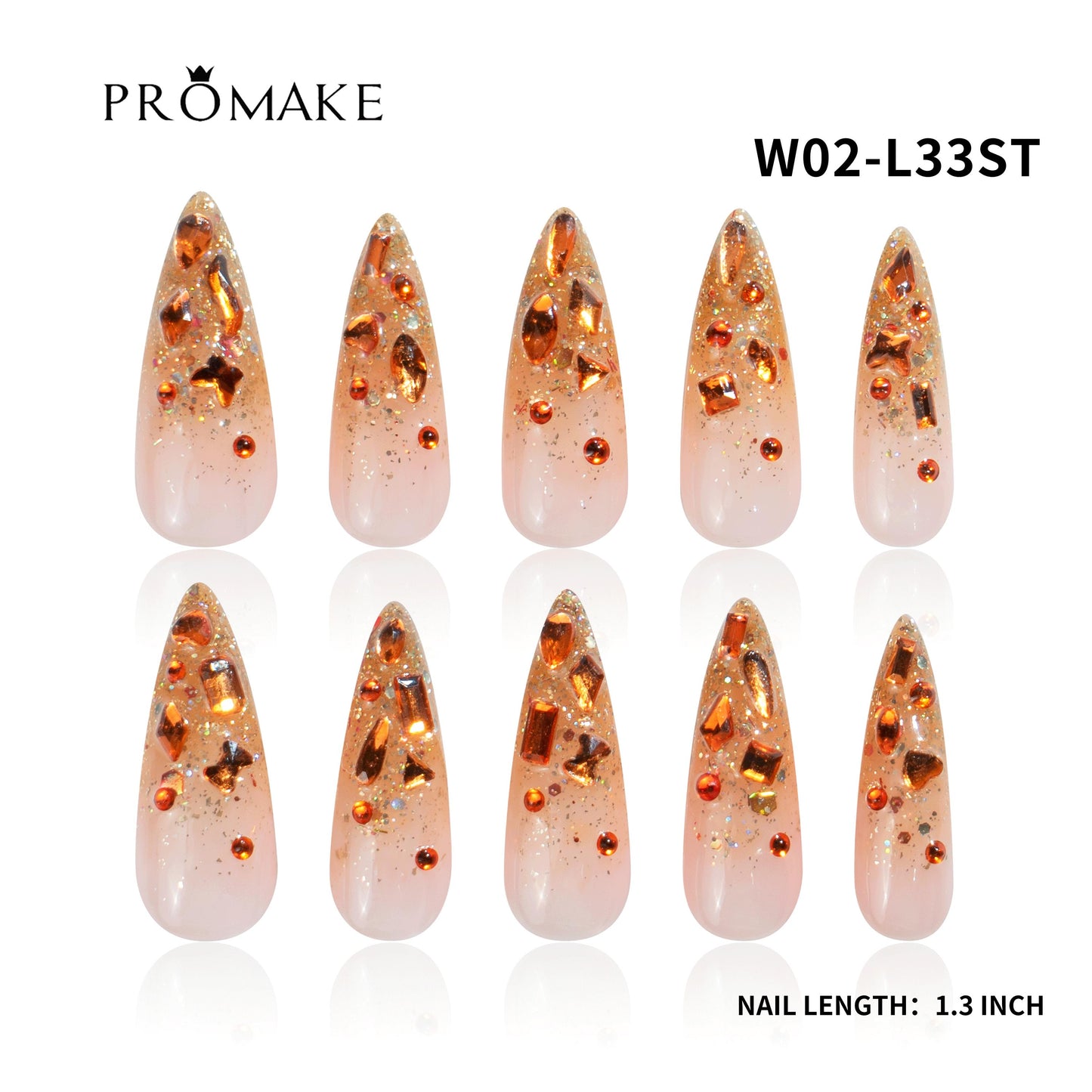 Promake Wonders Handmade Press-On Nails - Open InLive Crystal Design, Single Item, Luxury Unique Style, Salon Quality, Long Length, S-L Sizes, 4 Sets of Nail Tools, Handmade Press Ons