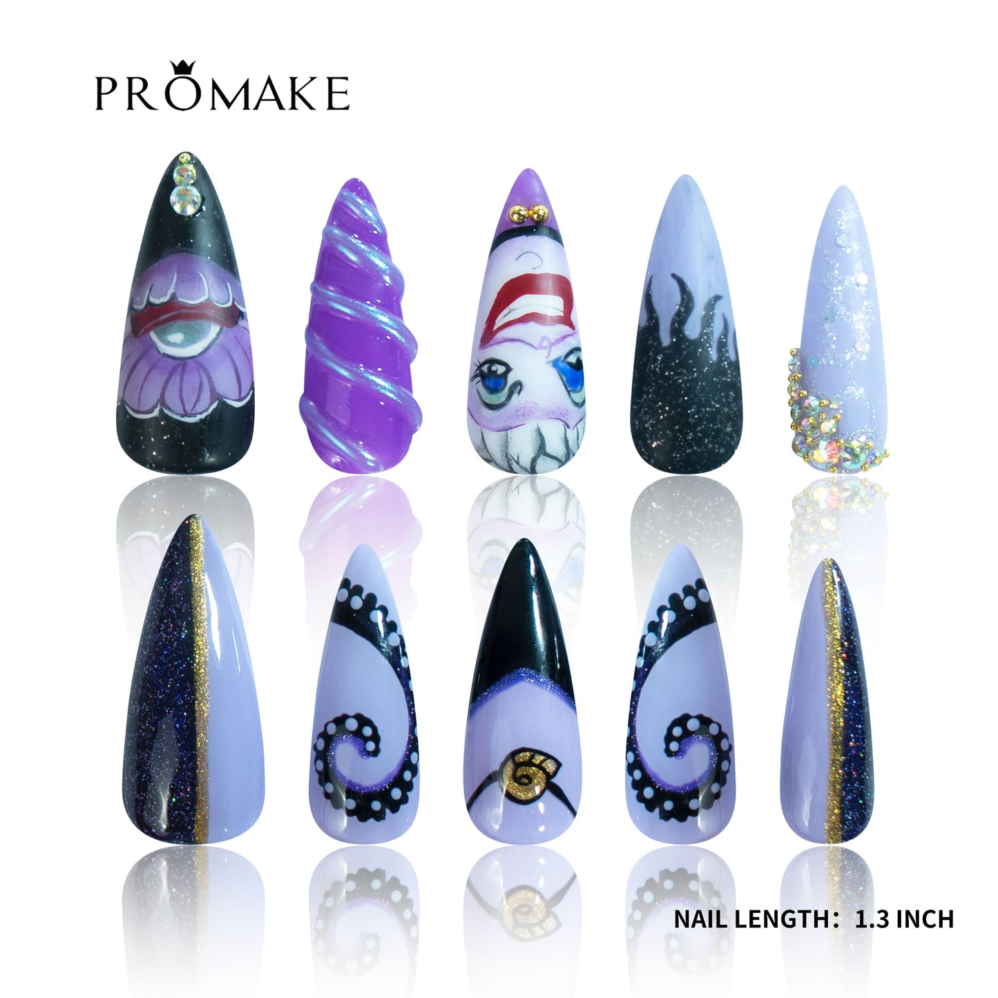 PROMAKE Custom Nails | Midnight Sea Witch H90018 | Luxury Handmade Press-On Nails, Purple Gothic Ocean Fantasy Design With 3D Swirls, Hand-Painted Details and Rhinestones，Reusable Nail Kit With Tools, Sizes XS–XL