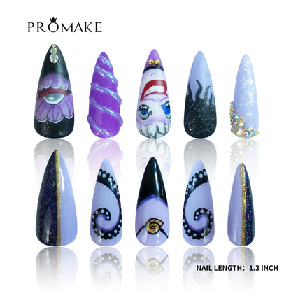 PROMAKE Custom Nails | Midnight Sea Witch H90018 | Luxury Handmade Press-On Nails, Purple Gothic Ocean Fantasy Design With 3D Swirls, Hand-Painted Details and Rhinestones，Reusable Nail Kit With Tools, Sizes XS–XL