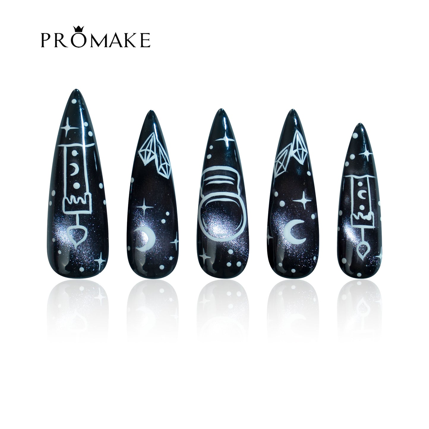PROMAKE Custom Nails | Midnight Oracle H90002 | Luxury Handmade Press-On Nails, Midnight Blue Cat Eye Stiletto Nails With Celestial Moon & Star Designs, Reusable Nail Kit With Tools, Sizes XS–XL