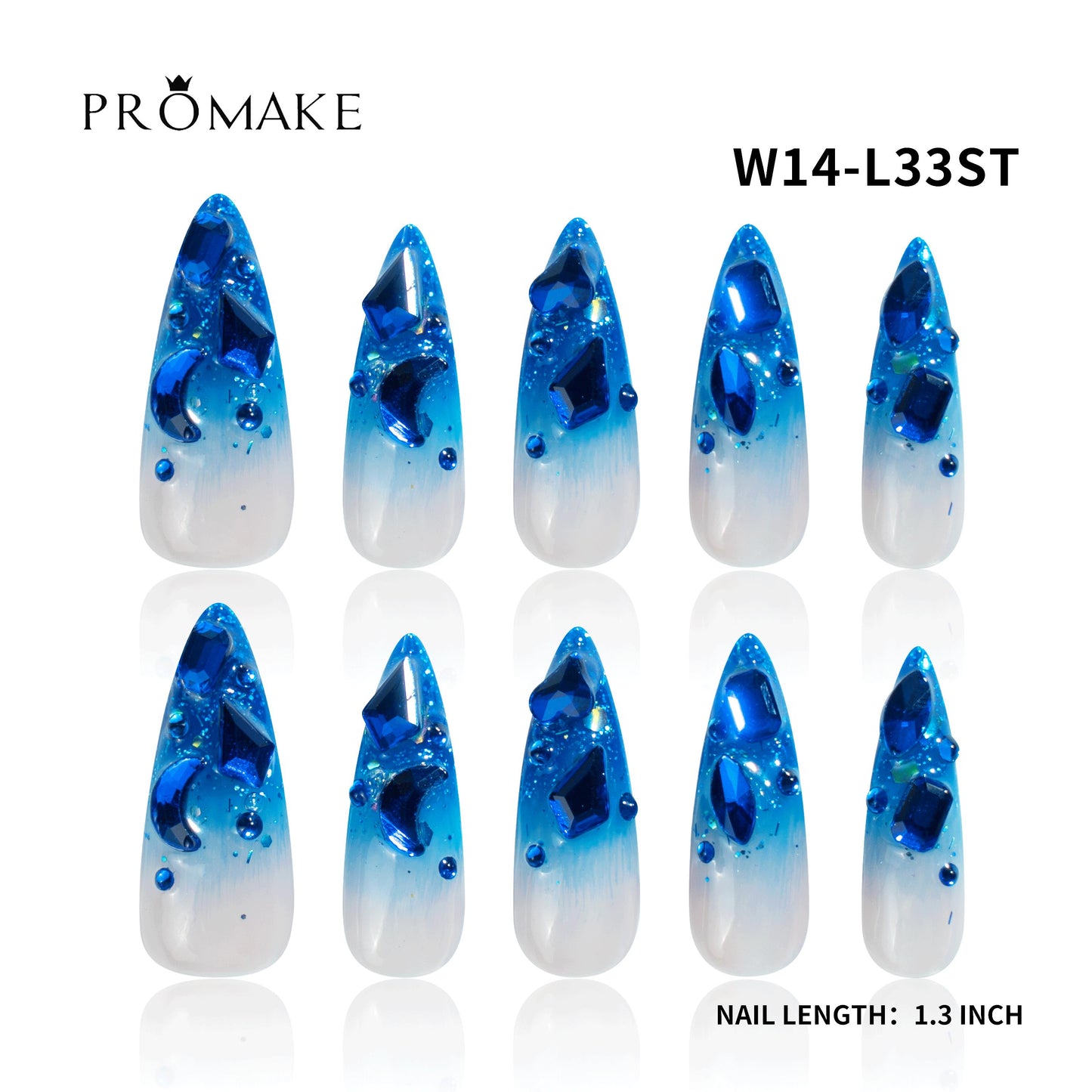Promake Wonders Handmade Press-On Nails - Open InLive Crystal Design, Single Item, Luxury Unique Style, Salon Quality, Long Length, S-L Sizes, 4 Sets of Nail Tools, Handmade Press Ons