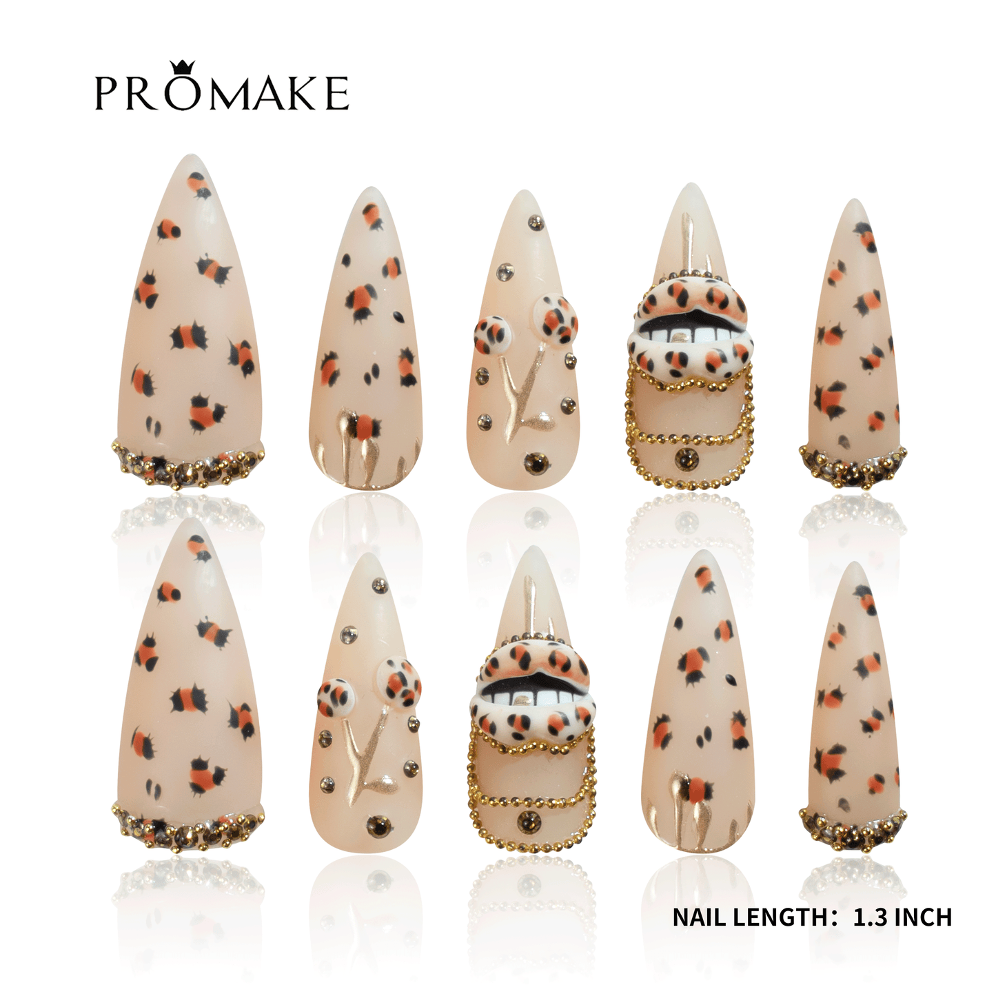 PROMAKE Custom Nails | Wild Luxe H90023 | Luxury Handmade Press-On Nails, Nude Leopard Print With 3D Lips, Gold Chains and Rhinestones, Glam Long Stiletto Nails，Reusable Nail Kit With Tools, Sizes XS–XL