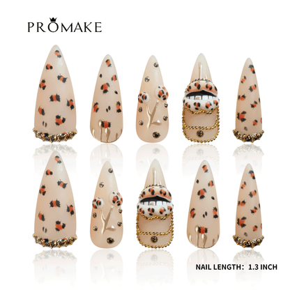 PROMAKE Custom Nails | Wild Luxe H90023 | Luxury Handmade Press-On Nails, Nude Leopard Print With 3D Lips, Gold Chains and Rhinestones, Glam Long Stiletto Nails，Reusable Nail Kit With Tools, Sizes XS–XL