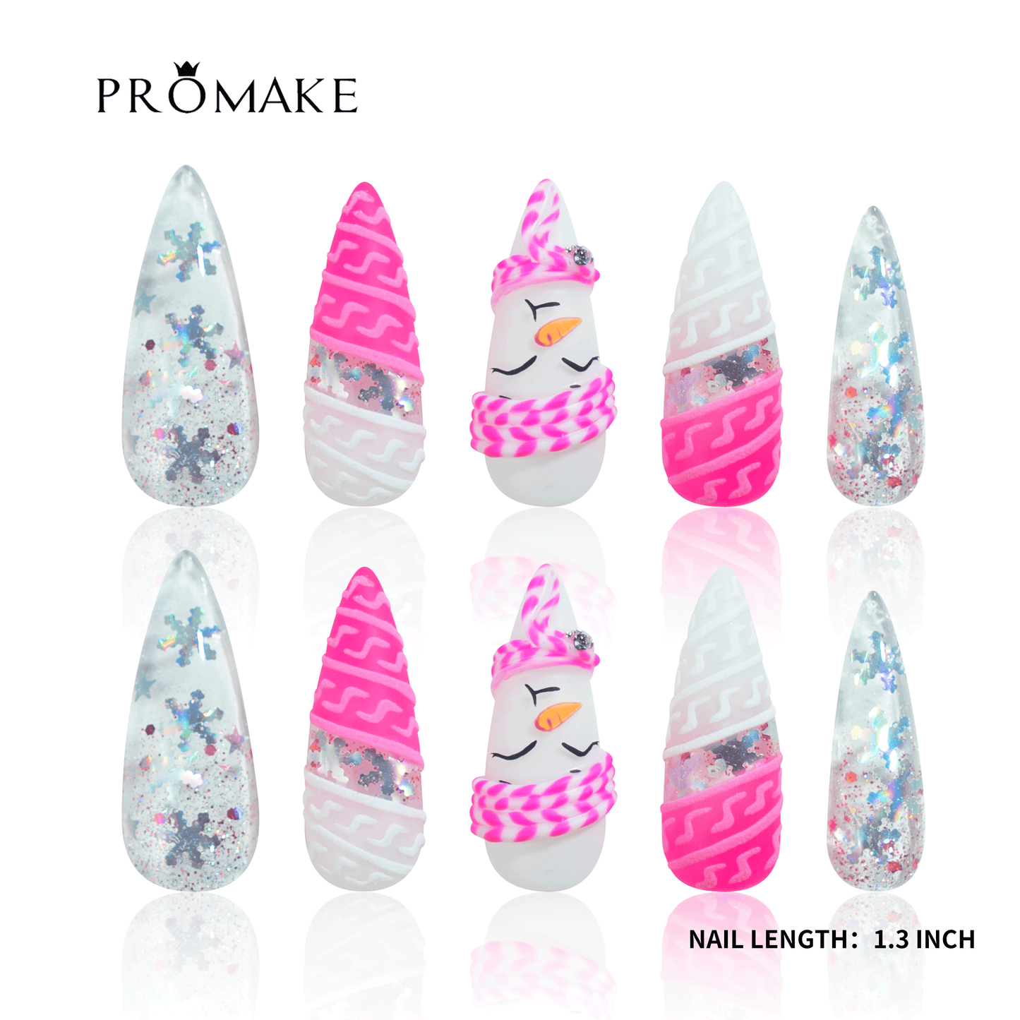 PROMAKE Custom Nails | Pink Frosty Dreams H90024 | Luxury Handmade Press-On Nails, Cute 3D Snowman, Pink & White Sweater Knit Design, Holographic Snowflake Glitter, Winter Christmas Long Stiletto Nails，Reusable Nail Kit With Tools, Sizes XS–XL