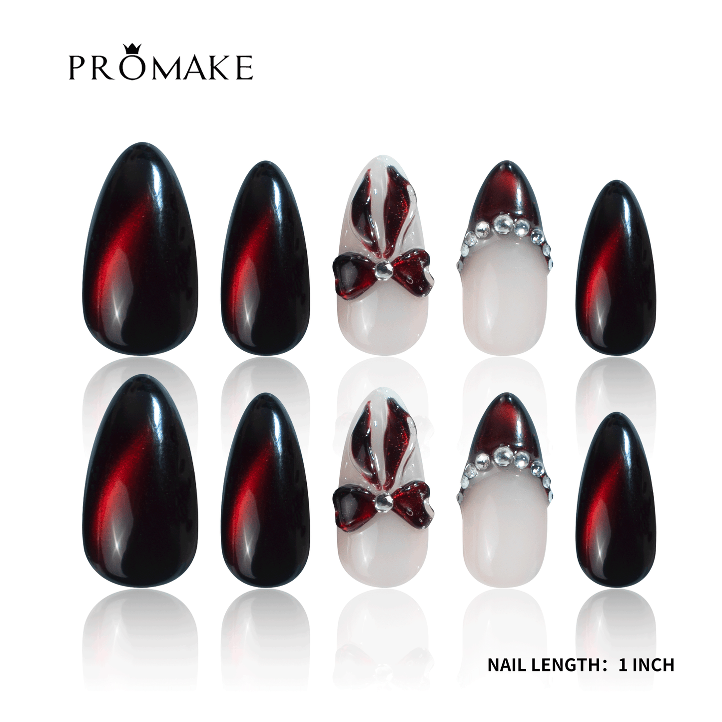 PROMAKE Custom Nails | Midnight Ruby Romance H90026 | Luxury Handmade Press-On Nails, Dark Red Cat Eye, 3D Burgundy Bow, Rhinestone French Tips, Short Almond Nails，Reusable Nail Kit With Tools, Sizes XS–XL