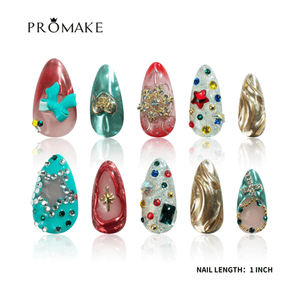 PROMAKE Custom Nails | Christmas Jewel Box H90028 | Luxury Handmade Press-On Nails, Emerald Green & Ruby Red, 3D Bow, Gold Chrome Swirls, Rhinestone Snowflake, Short Almond Holiday Nails，Reusable Nail Kit With Tools, Sizes XS–XL