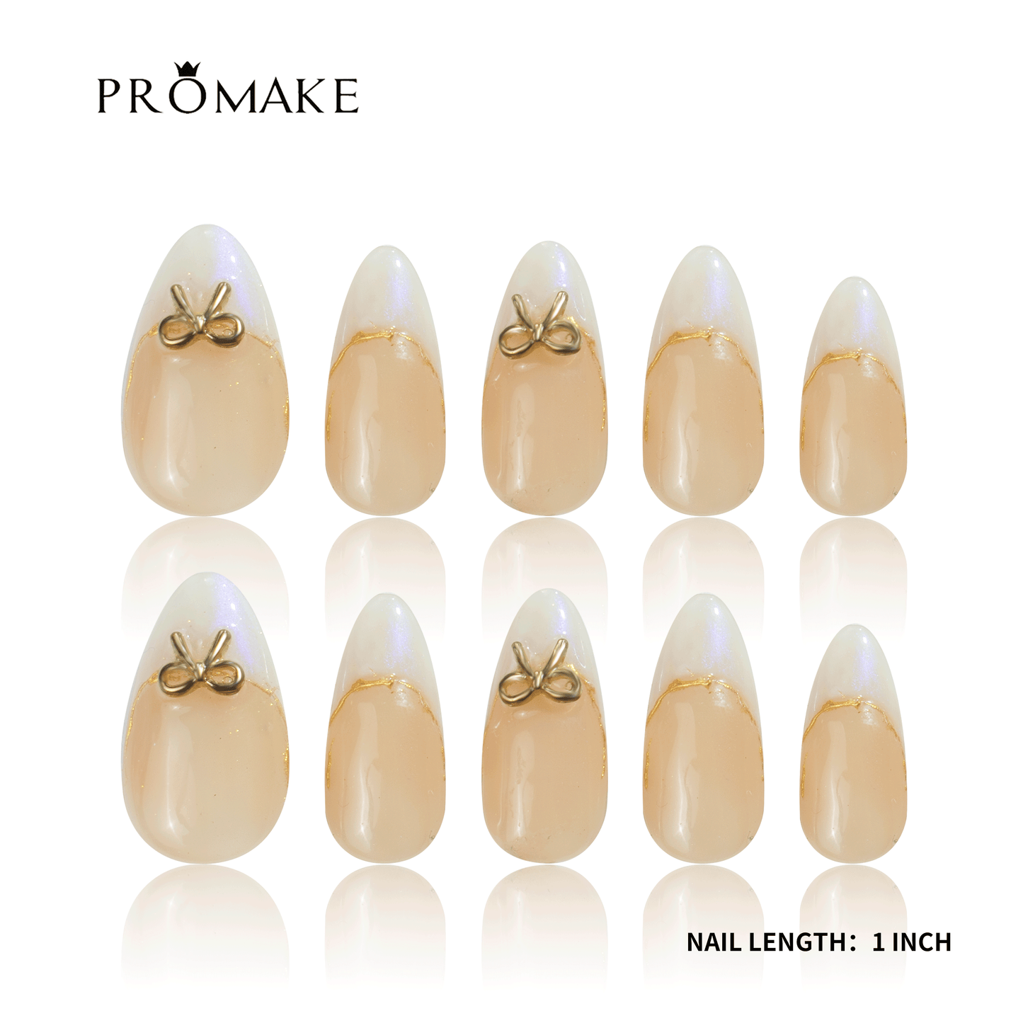 PROMAKE Custom Nails | Golden Whisper H90029 | Luxury Handmade Press-On Nails, Pearl White French Tips, 3D Gold Bow, Nude Almond Nails, Elegant Minimalist Coquette Nail Art，Reusable Nail Kit With Tools, Sizes XS–XL
