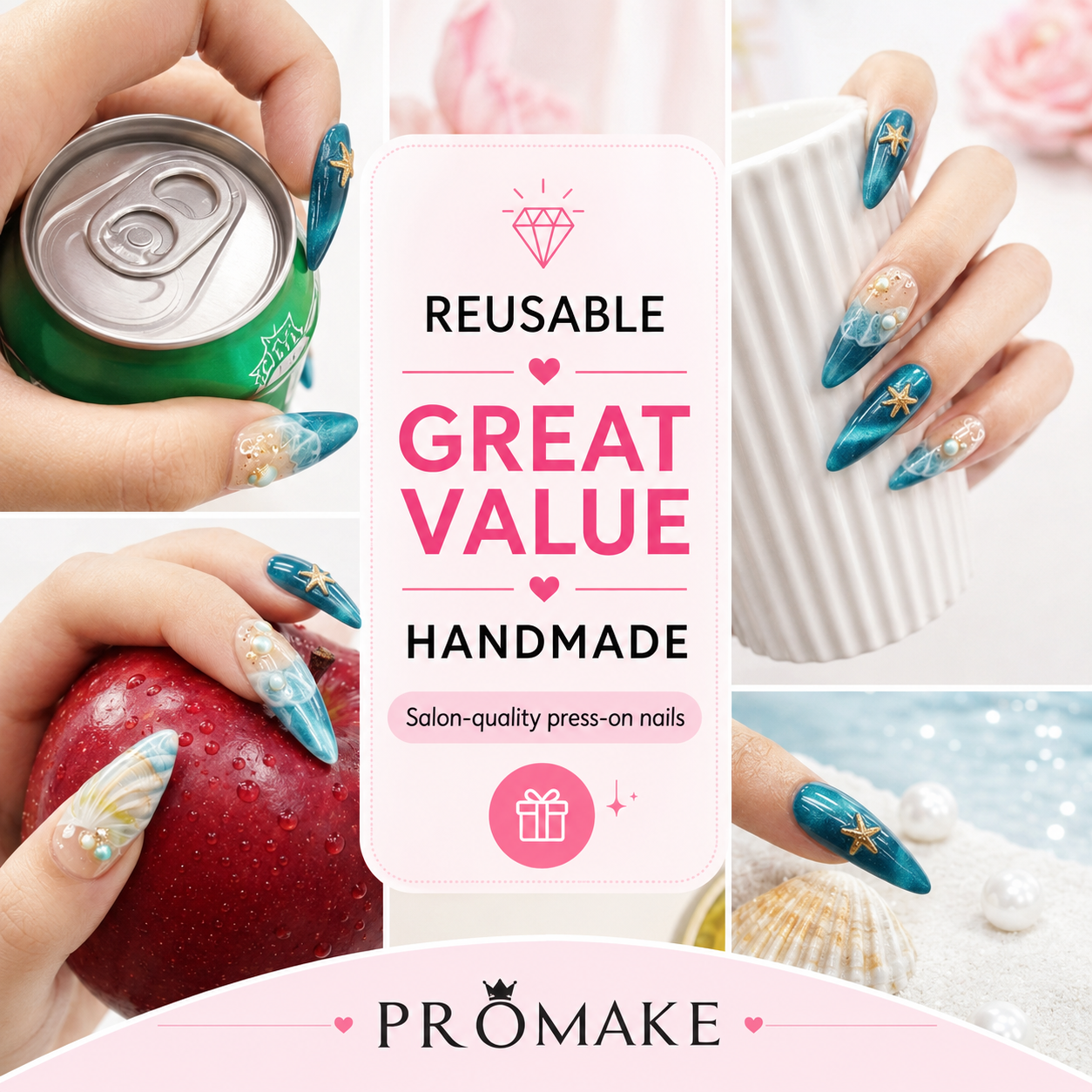 PROMAKE Custom Nails | Crimson Baroque H90070 | Luxury Handmade Press-On Nails,Ruby Red Glitter, Elegant White Swirl & Lace Nail Art, Sparkling Red Rhinestones，Reusable Nail Kit With Tools, Sizes XS–XL