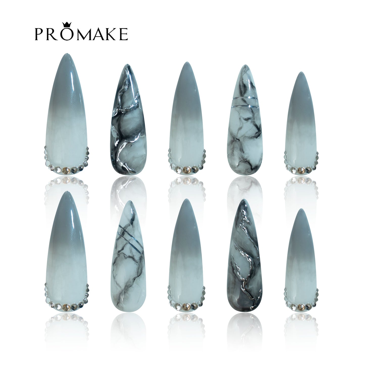 PROMAKE Custom Nails | Glacier Veil H90001 | Luxury Handmade Press-On Nails, Smoky Blue Ombre Marble Design With Silver Chrome Accents, Reusable Nail Kit With Tools, Sizes XS–XL