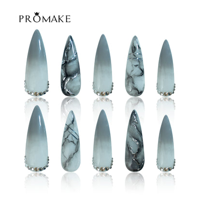 PROMAKE Custom Nails | Glacier Veil H90001 | Luxury Handmade Press-On Nails, Smoky Blue Ombre Marble Design With Silver Chrome Accents, Reusable Nail Kit With Tools, Sizes XS–XL