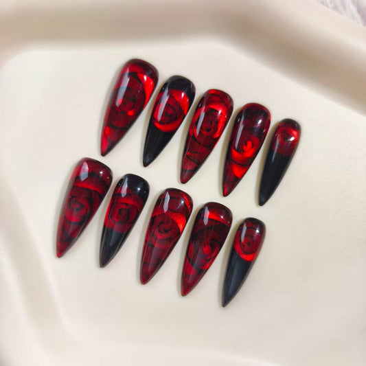 Gothic Rose Cat Eye Handmade Acrylic Nails, Long-Lasting 33mm Press-On Nail Kit with Tools, Sizes S-XL