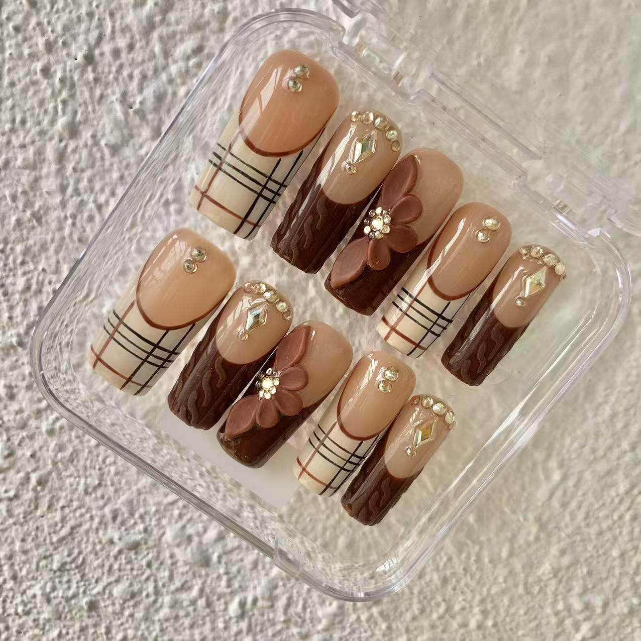 Promake Fall Muse Collection Luxury Handmade Women's Reusable 3D Acrylic Press On Nails - Cat Eye, Rhinestone, Unique Autumn Designs, Multiple Shapes & Lengths, Application Kit, Nail Art Supply