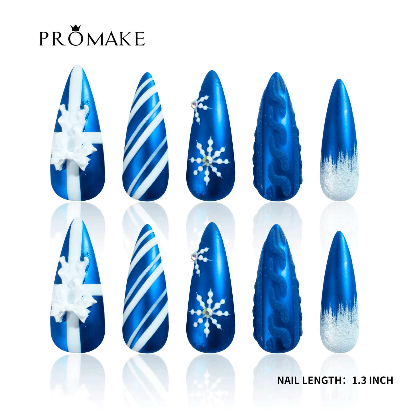 PROMAKE Custom Nails | Midnight Snowfall H90030 | Luxury Handmade Press-On Nails, Royal Blue Chrome, 3D White Bow, Snowflake Design, Candy Cane Stripes, Long Almond Winter Holiday Nails，Reusable Nail Kit With Tools, Sizes XS–XL
