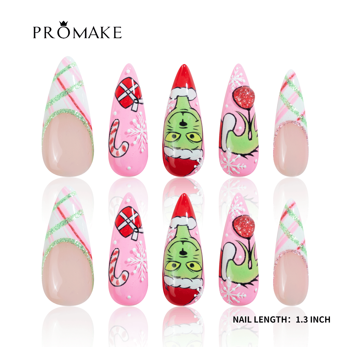 PROMAKE Custom Nails | Pink Grinchmas H90031 | Luxury Handmade Press-On Nails, Pink & Green Holiday Cartoon Design, Candy Cane, Snowflakes, Glitter Plaid French Tips, Long Almond Nails，Reusable Nail Kit With Tools, Sizes XS–XL
