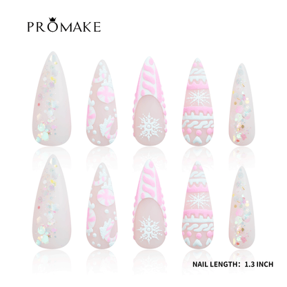 PROMAKE Custom Nails | Pink Sugar Wonderland H90032 | Luxury Handmade Press-On Nails, Pink Candy Cane, 3D Snowflakes, Pastel Glitter, Winter Wonderland Design, 1.3 Inch Long Stiletto Nails，Reusable Nail Kit With Tools, Sizes XS–XL