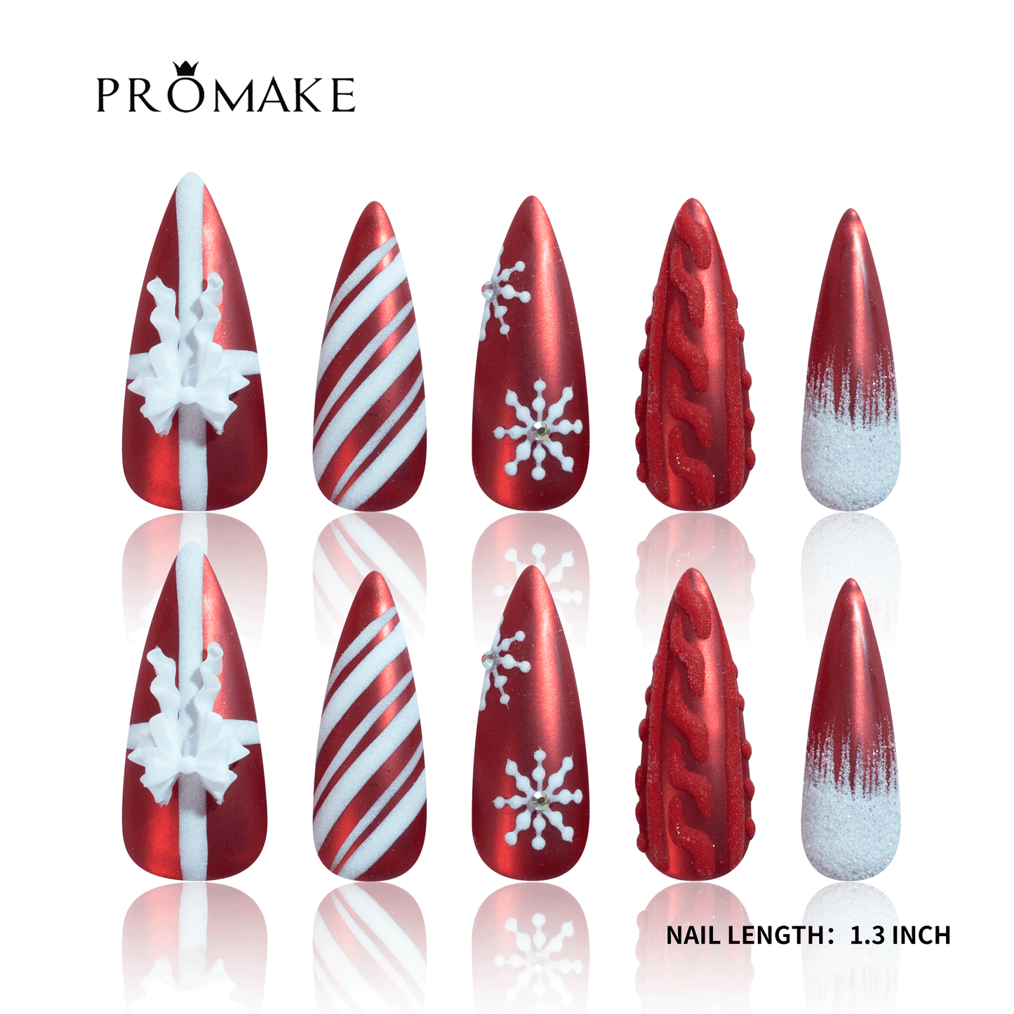 PROMAKE Custom Nails | Ruby Snowfall Christmas H90033 | Luxury Handmade Press-On Nails, 3D White Bow, Snowflakes, Candy Cane Stripes, Sweater Texture, 1.3 Inch Long Stiletto Nails，Reusable Nail Kit With Tools, Sizes XS–XL