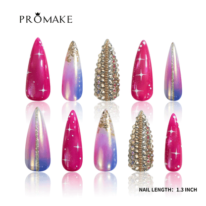PROMAKE Custom Nails | Starlight Barbie Glam H90034 | Luxury Handmade Press-On Nails, Pink Purple Aurora Ombre, Full Rhinestone Bling, Gold Foil, Star Design, 1.3 Inch Long Stiletto Nails，Reusable Nail Kit With Tools, Sizes XS–XL