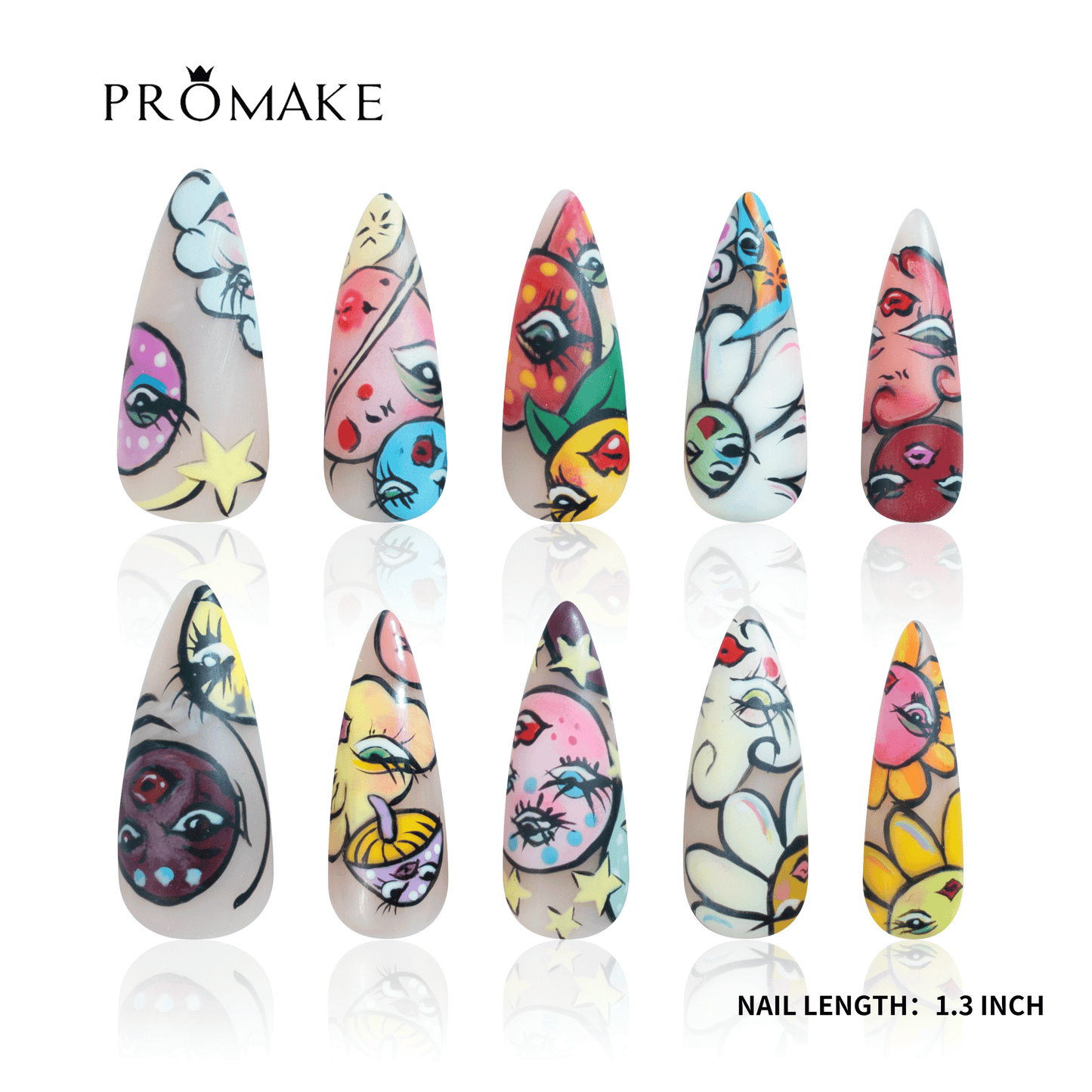 PROMAKE Custom Nails | Blooming Faces H90035 | Luxury Handmade Press-On Nails, Colorful Pop Art Flowers, Cartoon Faces, Hand-Painted Graffiti Nail Art, 1.3 Inch Long Stiletto Nails，Reusable Nail Kit With Tools, Sizes XS–XL