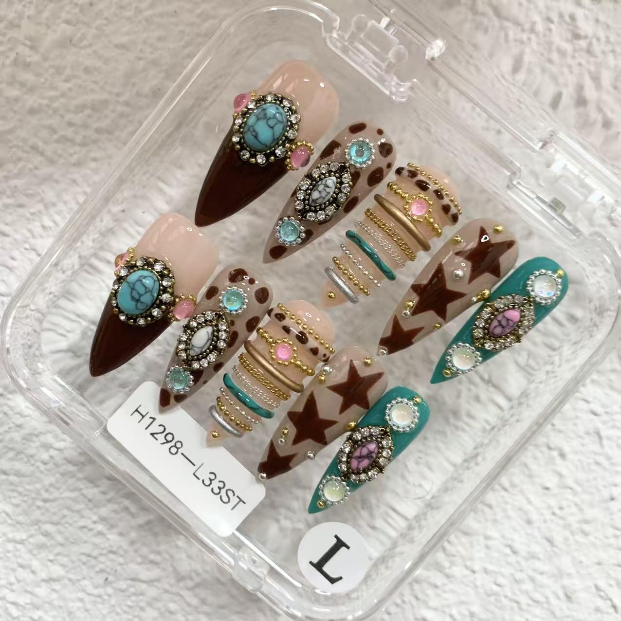 Promake Fall Muse Collection Luxury Handmade Women's Reusable 3D Acrylic Press On Nails - Cat Eye, Rhinestone, Unique Autumn Designs, Multiple Shapes & Lengths, Application Kit, Nail Art Supply