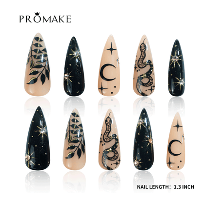 PROMAKE Custom Nails | Midnight Serpent H90036 | Luxury Handmade Press-On Nails, Gothic Snake Nail Art, Celestial Moon & Stars, Gold Botanical Details, Rhinestone Accents, 1.3 Inch Long Stiletto Nails，Reusable Nail Kit With Tools, Sizes XS–XL