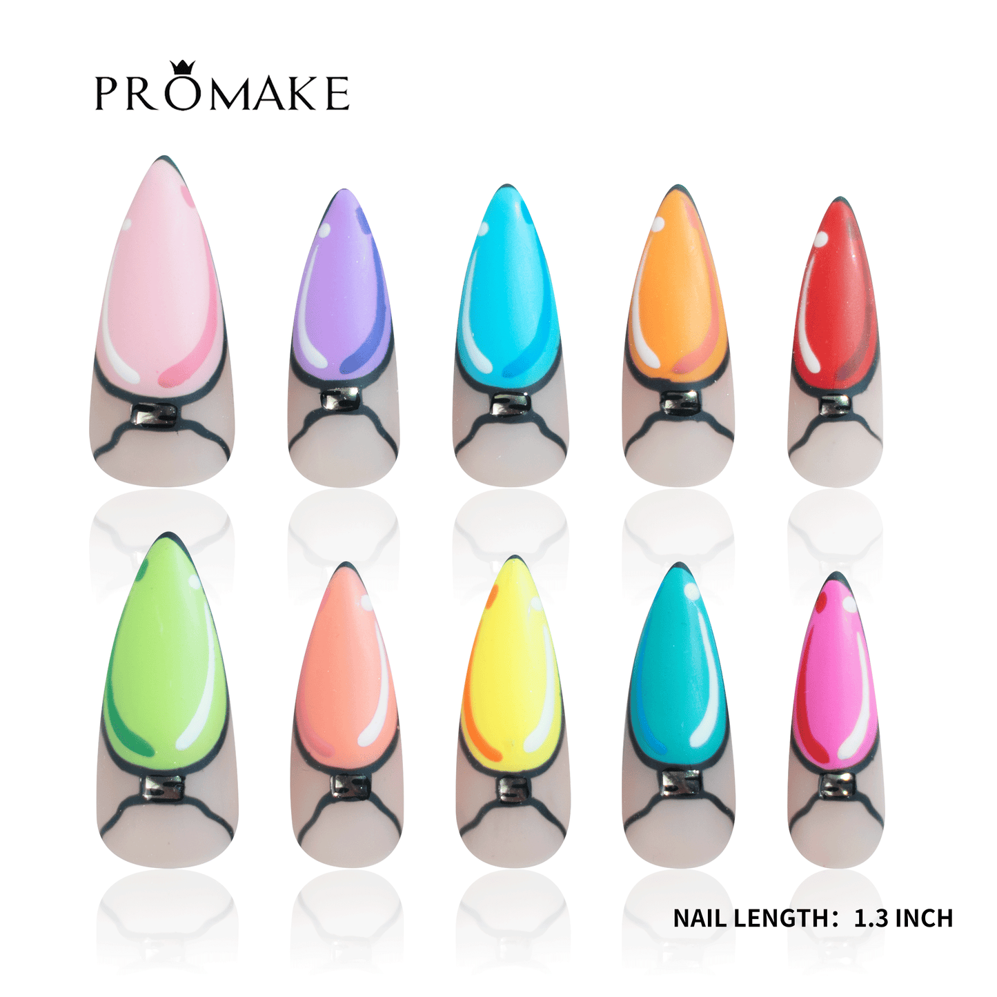 PROMAKE Custom Nails | Holiday Lights Parade H90038 | Luxury Handmade Press-On Nails, Rainbow Holiday Bulb Nail Art, 3D Festive Design, 1.3 Inch Long Stiletto Nails，Reusable Nail Kit With Tools, Sizes XS–XL