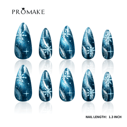 PROMAKE Custom Nails | Midnight Snowfall H90039 | Luxury Handmade Press-On Nails, White 3D Snowflake Nail Art, Shimmering Winter Christmas Nails, 1.3 Inch Long Almond Nails，Reusable Nail Kit With Tools, Sizes XS–XL