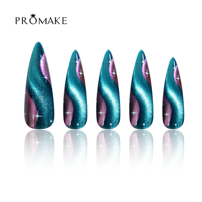 PROMAKE Custom Nails | Aurora Mirage H90003 | Luxury Handmade Press-On Nails, Teal And Purple Cat Eye Stiletto Nails With Cosmic Star Designs，Reusable Nail Kit With Tools, Sizes XS–XL