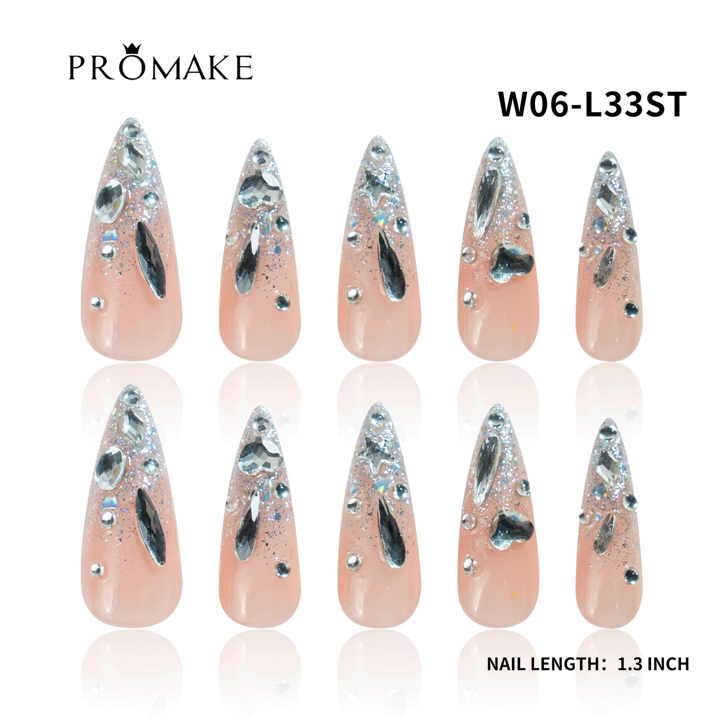 Promake Wonders Handmade Press-On Nails - Open InLive Crystal Design, Single Item, Luxury Unique Style, Salon Quality, Long Length, S-L Sizes, 4 Sets of Nail Tools, Handmade Press Ons
