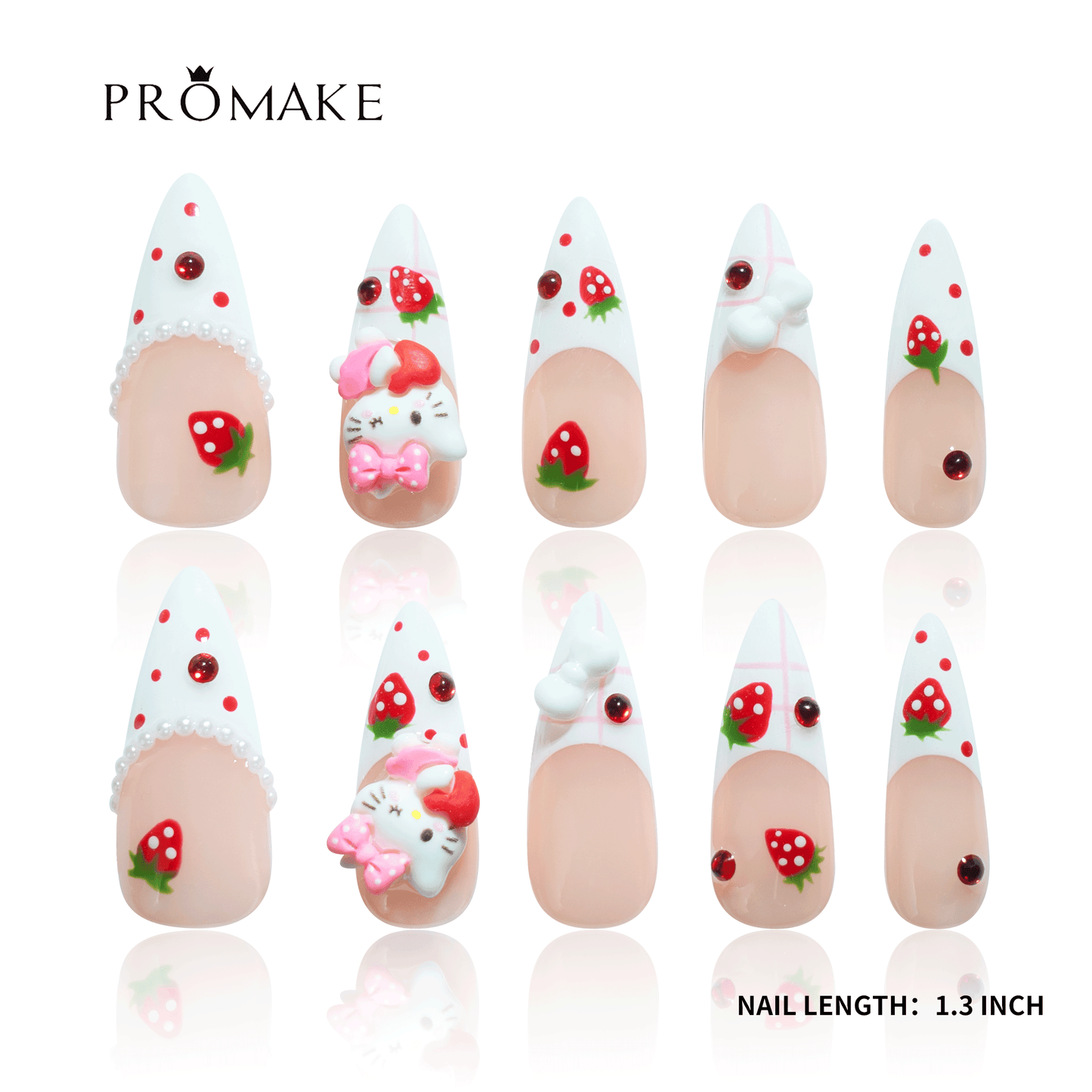 PROMAKE Custom Nails | Strawberry Kitty Dreams H90040 | Luxury Handmade Press-On Nails, Cute 3D Kitty & Strawberry Nail Art, Pink Bow, Pearl French Tips, Kawaii Coquette Nails，Reusable Nail Kit With Tools, Sizes XS–XL