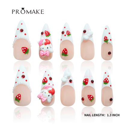 PROMAKE Custom Nails | Strawberry Kitty Dreams H90040 | Luxury Handmade Press-On Nails, Cute 3D Kitty & Strawberry Nail Art, Pink Bow, Pearl French Tips, Kawaii Coquette Nails，Reusable Nail Kit With Tools, Sizes XS–XL
