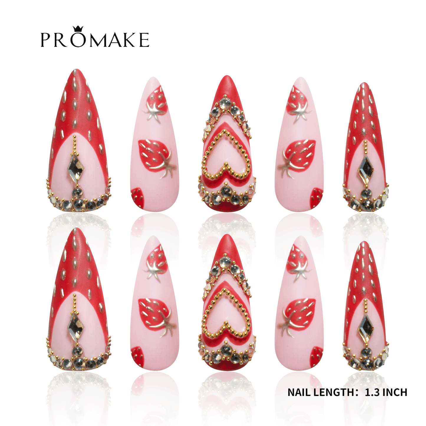 PROMAKE Custom Nails | Strawberry Sweetheart H90041 | Luxury Handmade Press-On Nails, Cute 3D Strawberry Nail Art, Pink & Red Heart Design, Gold Beads & Sparkling Rhinestones，Reusable Nail Kit With Tools, Sizes XS–XL